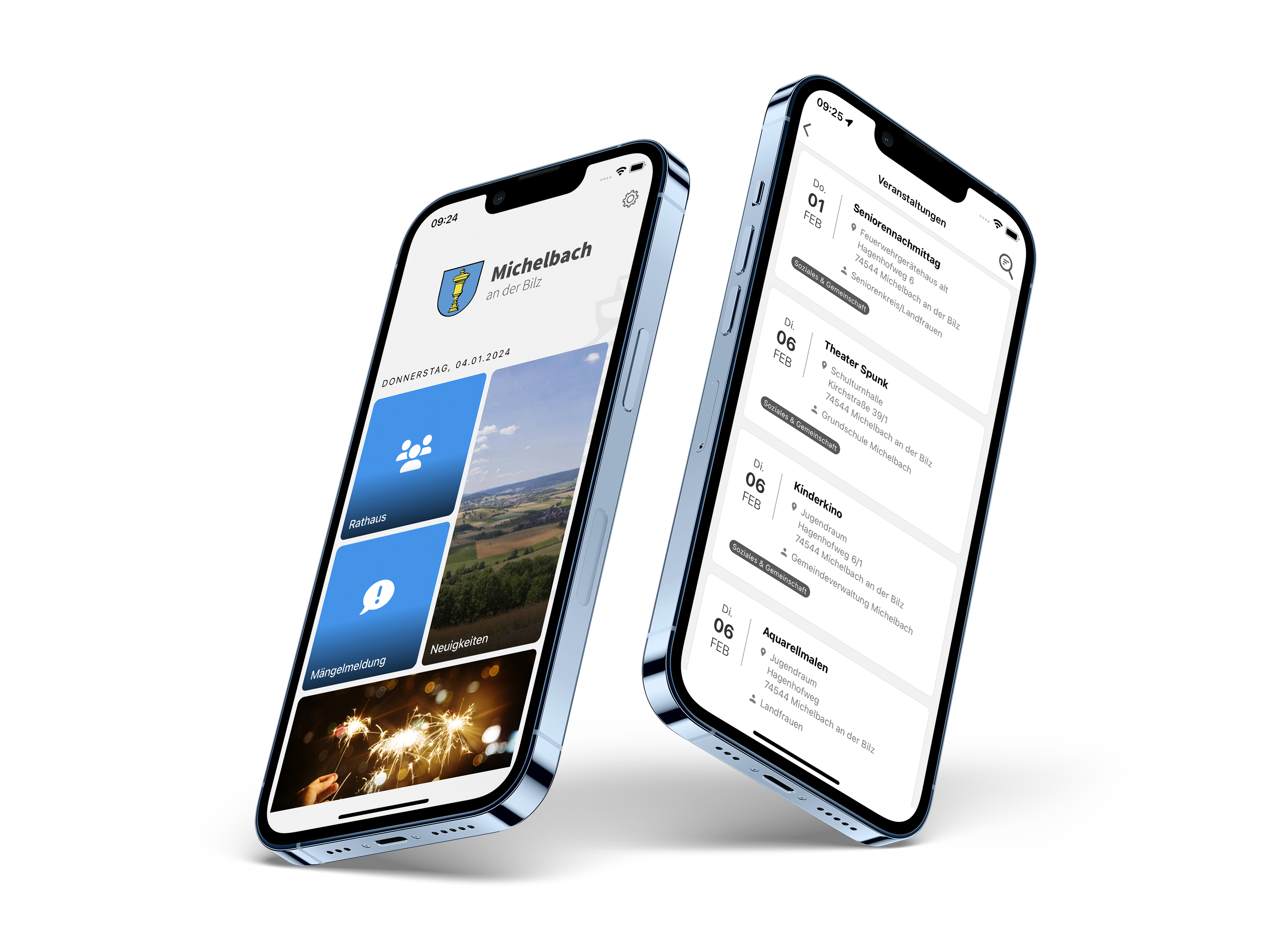 Zwei Handys auf denen das Vorschaubild der App Michelbach/Bilz gezeigt wird 